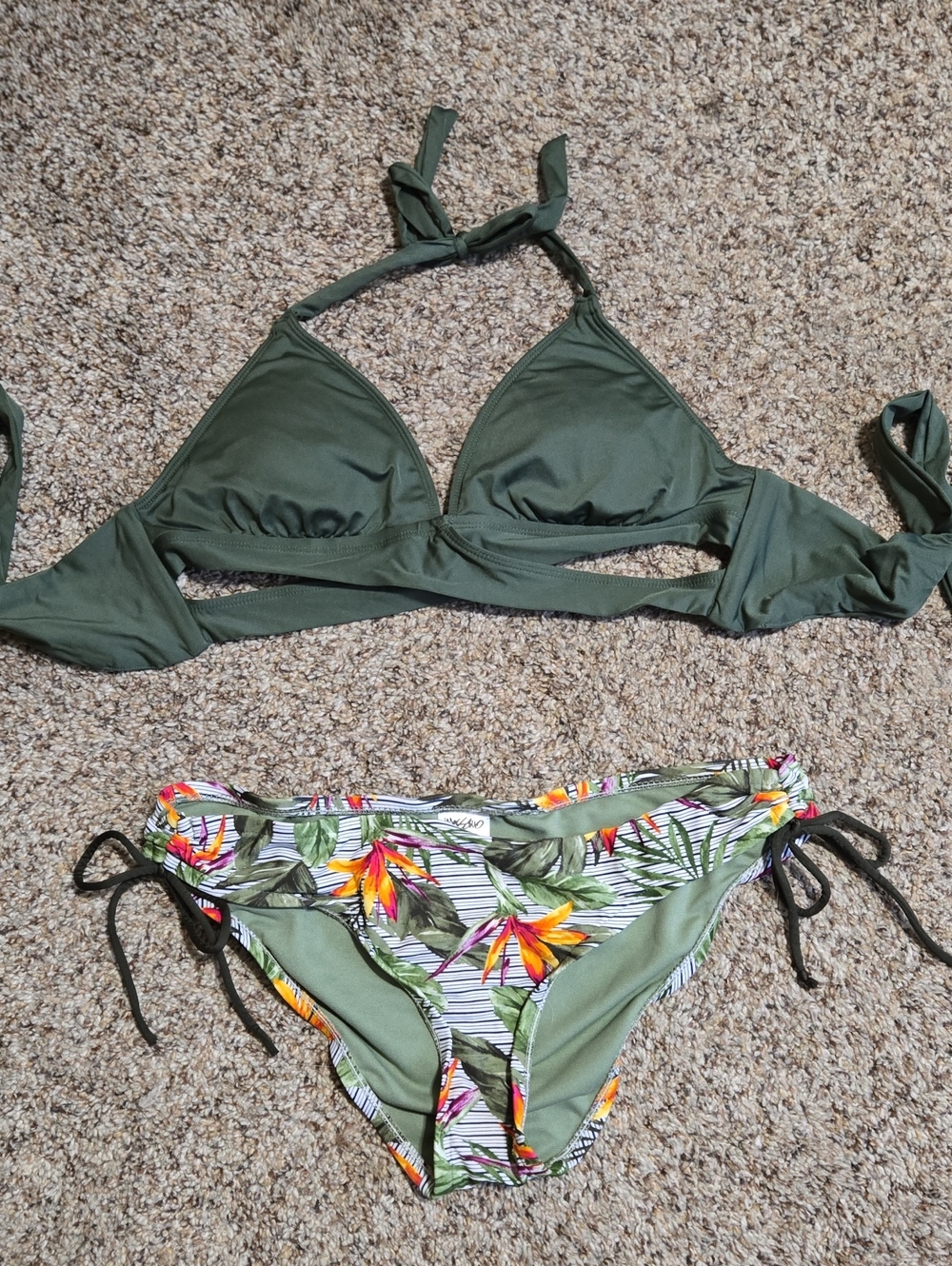 Mossimo Supply Co. Olive Green Swim Top with Striped Bottom
